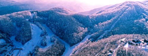 Aerial view of snow-covered mountains and trees, with a serene winter landscape under soft sunlight.