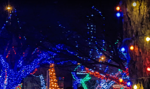 Colorful holiday lights illuminate trees and decorations in a festive nighttime scene.