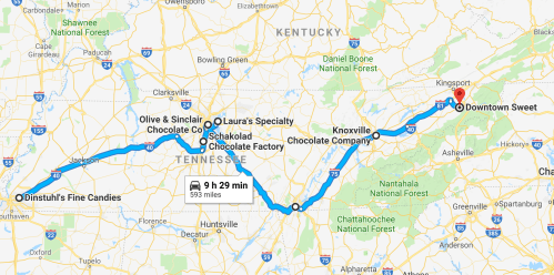 Map showing a route from Downtown Sweet to various chocolate destinations in Tennessee, covering 593 miles in 9 hours 29 minutes.