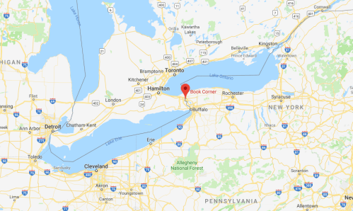 Map showing the location of "Book Corner" near Lake Ontario, between Buffalo and Toronto, with nearby cities labeled.