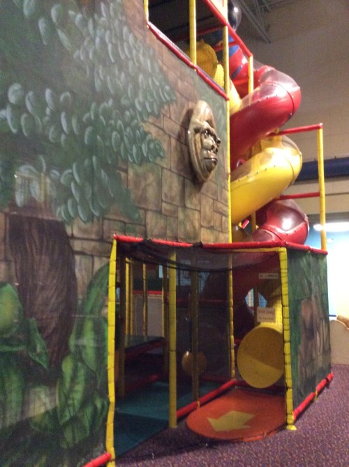Colorful indoor play structure with slides, tunnels, and a jungle-themed design featuring a large animal face.