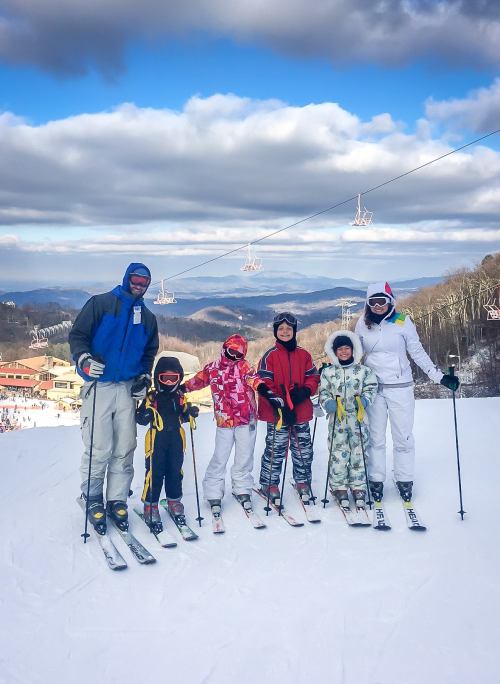 A family of six in ski gear stands on a snowy slope, smiling against a backdrop of mountains and cloudy skies.