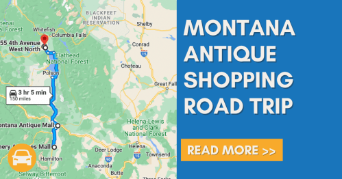 Map highlighting a road trip route for antique shopping in Montana, with travel time and destination details.