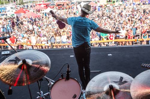 A musician performs on stage with a crowd in the background, holding a guitar and facing the audience.