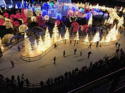 A festive ice skating rink surrounded by colorful holiday lights and decorated trees, with skaters enjoying the scene.