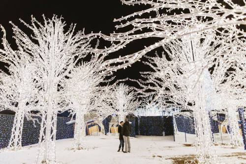 Two people stand under illuminated trees adorned with white lights in a festive nighttime setting.