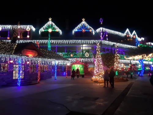 A festive building adorned with colorful holiday lights, creating a vibrant nighttime scene.