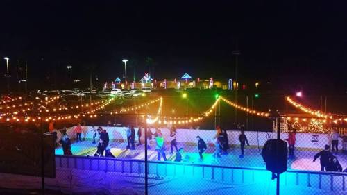 A vibrant outdoor ice skating rink at night, illuminated by colorful lights and festive decorations.