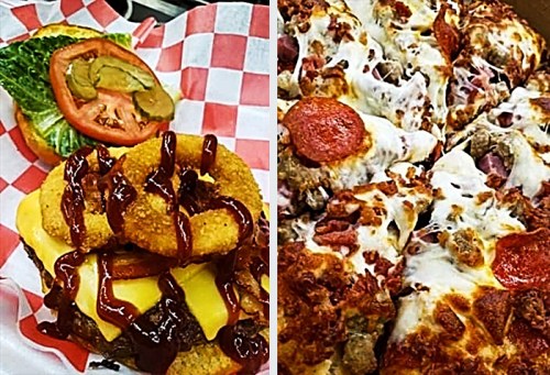 A burger topped with onion rings and BBQ sauce next to a pepperoni and meat pizza with melted cheese.