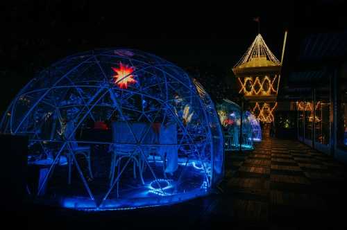 Colorful illuminated igloos line a pathway at night, with a festive tower adorned in lights in the background.