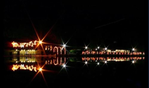 A serene night scene with colorful lights reflecting on calm water, creating a festive atmosphere.