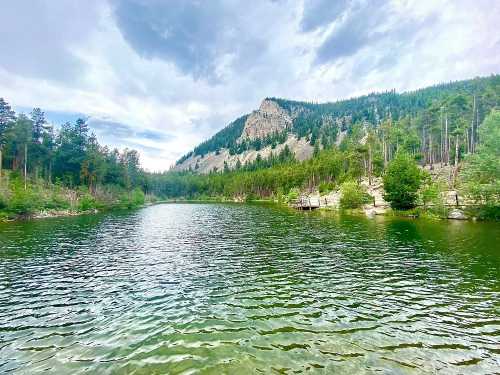 A serene lake surrounded by lush green trees and mountains under a cloudy sky.