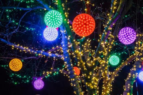 Colorful ornaments and twinkling lights adorn a tree at night, creating a festive and vibrant atmosphere.