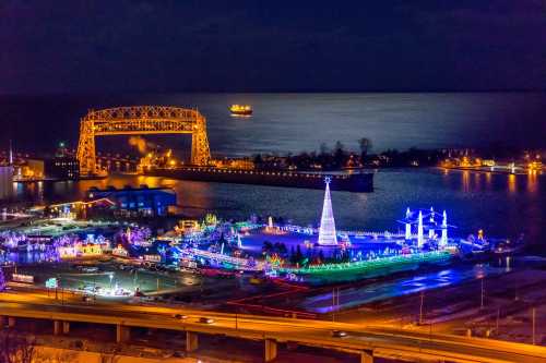 A nighttime view of a waterfront with colorful holiday lights, a large tree, and a bridge in the background.