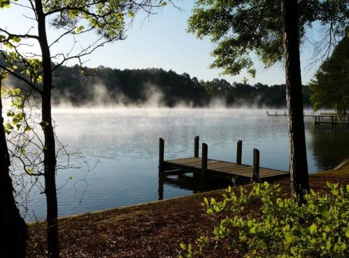 A serene lake at dawn, with mist rising above the water and a wooden dock surrounded by trees.