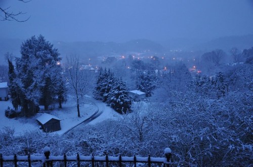 A snowy landscape at dusk, with trees, houses, and distant lights glowing in a winter scene.