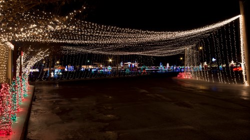 A festive display of colorful holiday lights drapes overhead in a darkened street, creating a cheerful atmosphere.