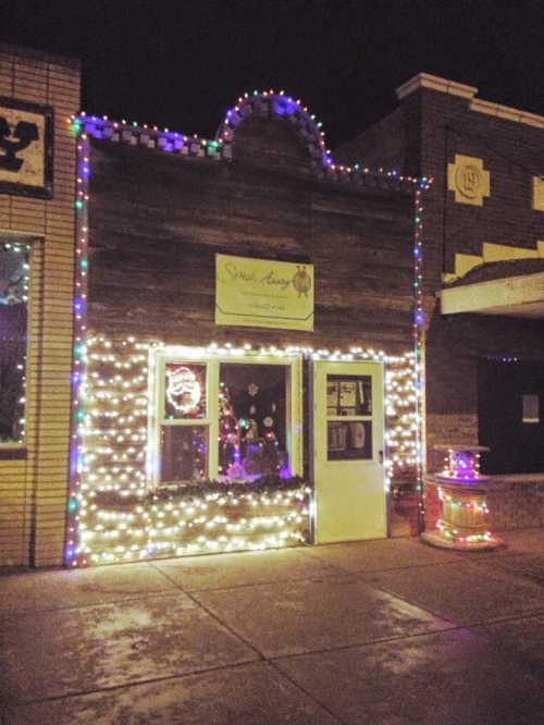 A cozy storefront decorated with colorful holiday lights at night, featuring a window display and a festive atmosphere.