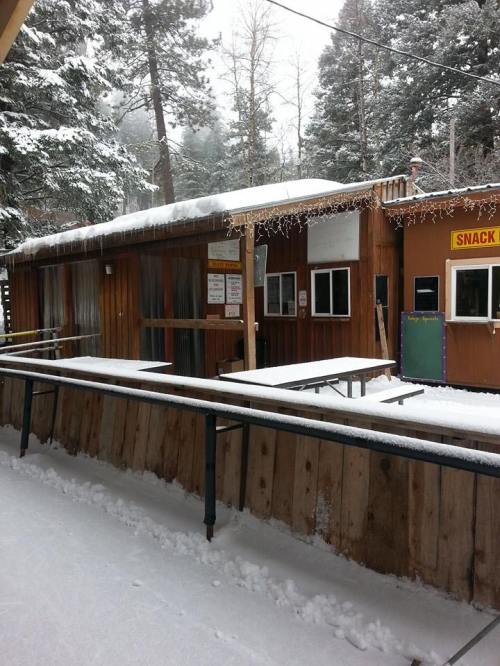 A wooden snack shop covered in snow, surrounded by trees, with a picnic table in front and icicles hanging from the roof.