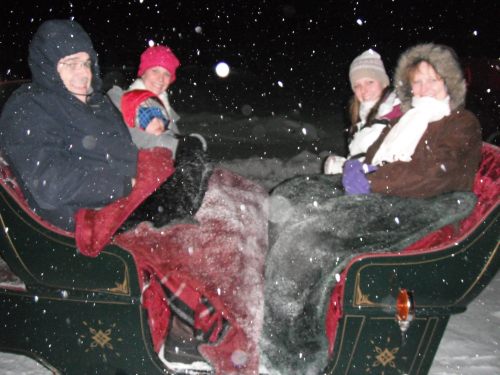 A family bundled in blankets sits in a sleigh, surrounded by falling snow on a winter night.