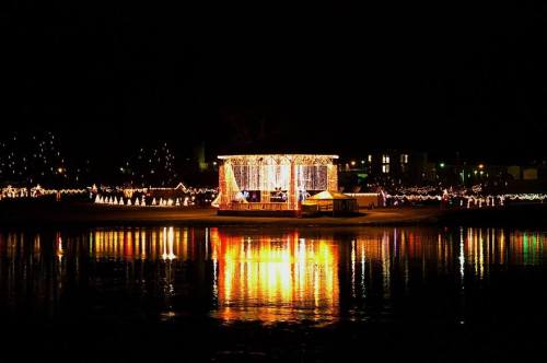A beautifully lit gazebo surrounded by festive lights reflecting on a calm water surface at night.