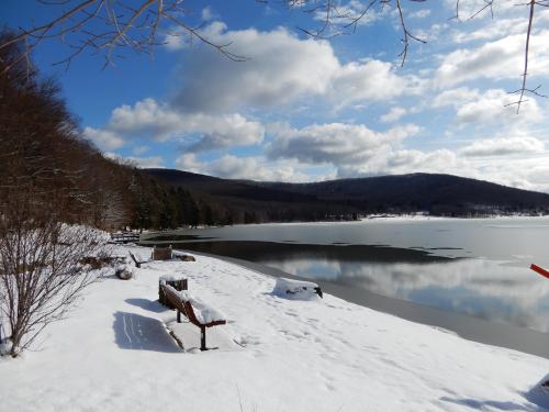A serene winter landscape featuring a snowy lakeshore, benches, and mountains under a partly cloudy sky.