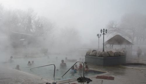 A misty hot spring with people relaxing in the water, surrounded by fog and trees in the background.