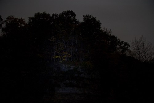 A dark, shadowy landscape with a faintly illuminated patch of trees on a rocky cliff at night.