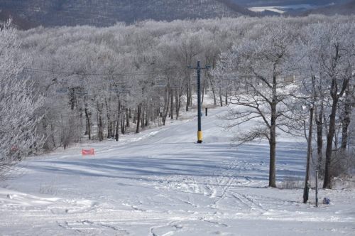 A snowy landscape with frosted trees, a ski lift, and ski tracks leading down a slope.