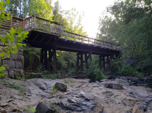 A wooden bridge spans a rocky stream, surrounded by lush greenery and trees in a serene natural setting.