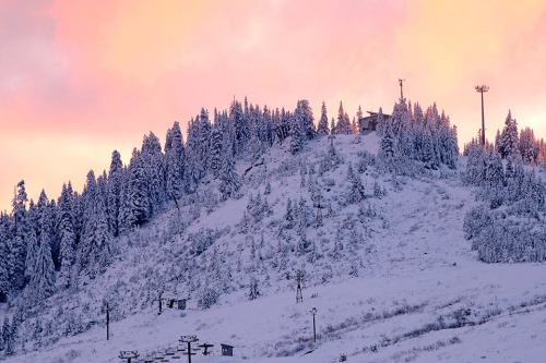 A snowy hillside with evergreen trees under a colorful sunset sky, featuring a small building at the top.