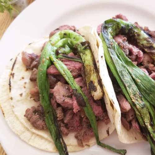 Two tacos filled with grilled meat and charred green onions on corn tortillas, served on a white plate.
