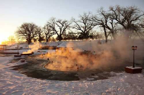 Steam rises from a hot spring surrounded by snow, with trees silhouetted against a sunset in the background.