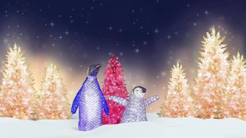 Two whimsical penguins in winter attire stand in a snowy landscape, surrounded by sparkling trees and a starry sky.