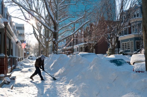 A person shovels snow on a street lined with snow-covered cars and trees, with sunlight shining through.