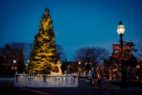 A brightly lit Christmas tree stands near a white fence, with festive decorations and people walking in the evening.