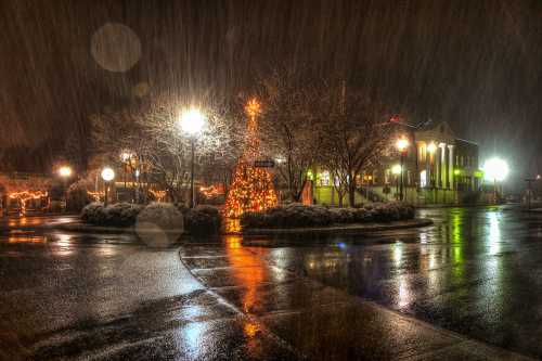 A festive tree glows in a snowy night scene, with reflections on wet pavement and softly lit buildings in the background.