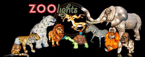 Colorful illuminated animal lanterns, including a lion, elephant, tiger, zebra, and more, with "ZOOLights" text above.