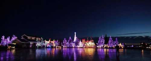 A winter scene with colorful holiday lights reflecting on an ice rink at dusk, surrounded by trees and buildings.