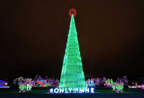 A brightly lit green Christmas tree with a star on top, surrounded by colorful lights and the hashtag #ONLYINMN.