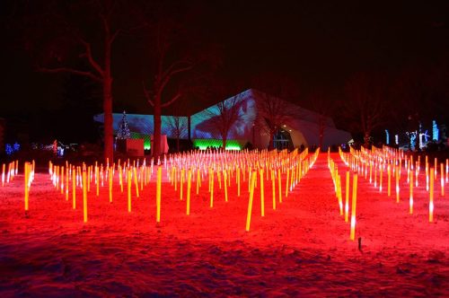 A winter scene with glowing red lights in a snowy field, illuminated trees, and a building with a colorful projection.