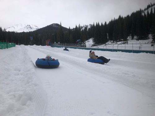 Two people are tubing down a snowy slope, surrounded by evergreen trees and mountains in the background.