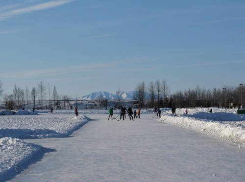 A frozen ice rink with people skating, surrounded by snow and trees, with mountains in the background under a clear blue sky.
