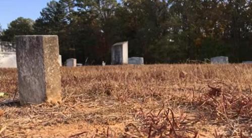 A cemetery scene with weathered gravestones surrounded by dry grass and trees in the background.