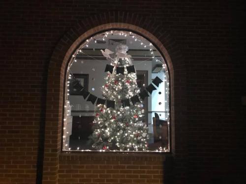 A decorated Christmas tree with lights and ornaments, seen through a window with festive garlands.