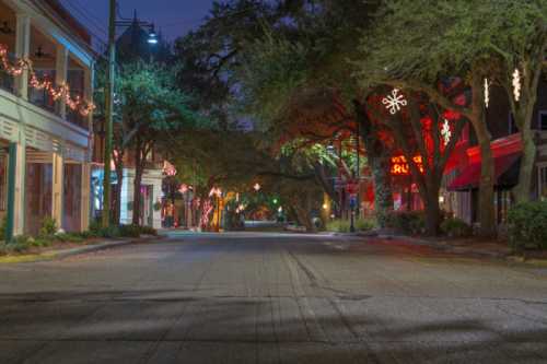 A quiet, dimly lit street decorated with festive lights and trees, creating a serene nighttime atmosphere.