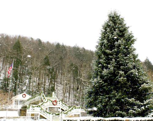 A large snow-covered Christmas tree stands near a decorated gazebo, with a snowy hillside and American flag in the background.