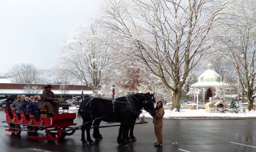 A horse-drawn sleigh with passengers rides through a snowy landscape, with trees and a gazebo in the background.
