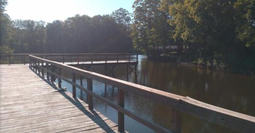 A wooden bridge extends over a calm river, surrounded by trees and sunlight.