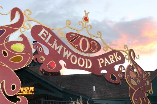 Sign for Elmwood Park Zoo with decorative elements, set against a colorful sunset sky.